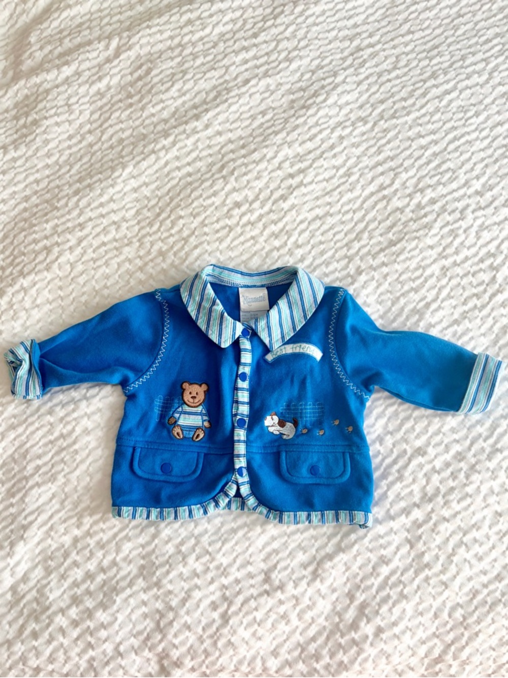 Vintage Nannette Blue Embroidered sweater Jacket Bear Puppy 3–6M 100% Cotton
